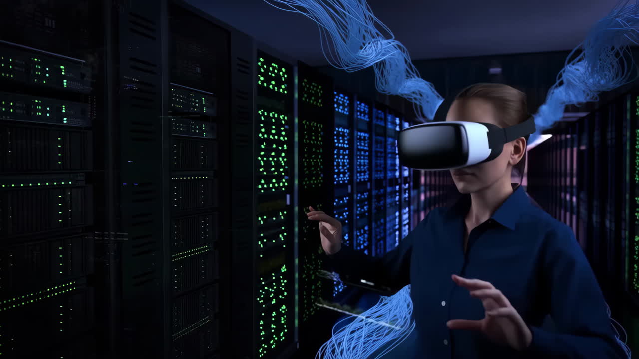 Person in VR Headset in Data Center with Digital Connections