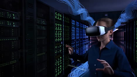 person in vr headset in data center with digital connections