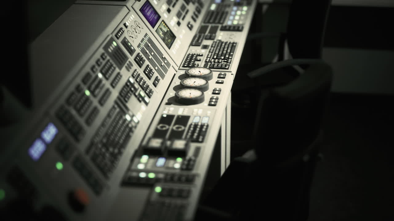 Control room equipment with various buttons and screens in dim lighting