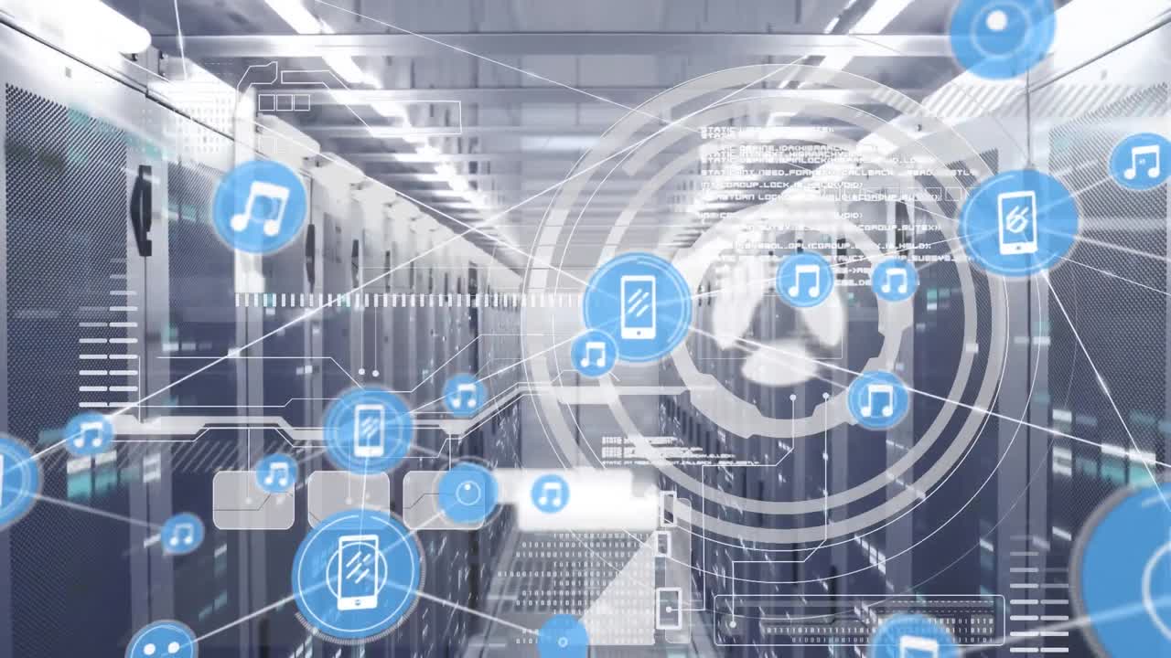 아이콘과 데이터 처리를 통해 컴퓨터 서버를 통해 연결 네트워크의 애니메이션