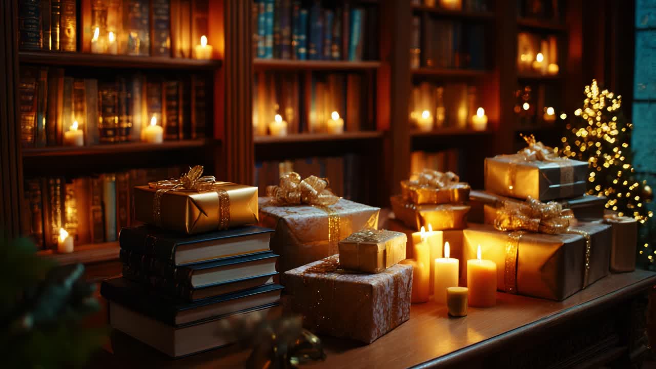 Una serata intima con candele scintillanti, regali incartati e scaffali pieni di libri, per creare un'atmosfera incantevole, perfetta per celebrare momenti di gioia e unione in una stanza splendidamente illuminata