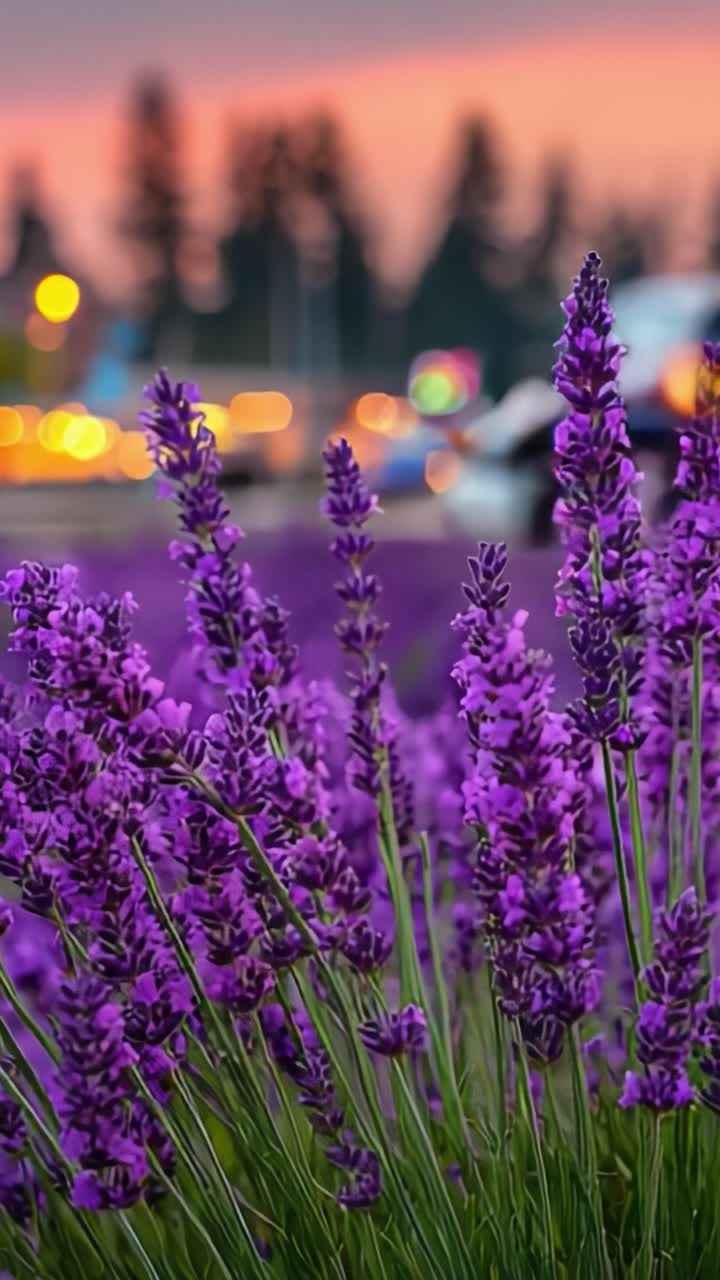 Una serena fioritura serale con lavanda: cattura la bellezza mozzafiato dei campi di lavanda su uno sfondo colorato al tramonto