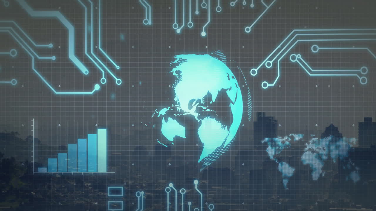Holographic globe floating over skyline at dusk, showing turquoise traces, bar chart and world map