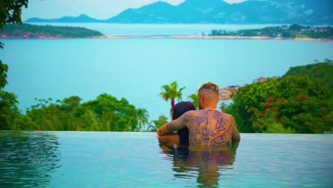 couple of men and women on a luxury vacation at a pool villa