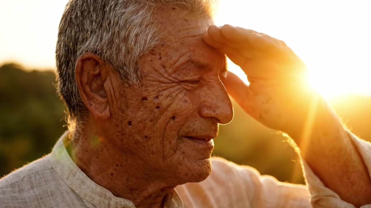Elderly Man Illuminated by Warm Sunset: A Portrait Capturing the Beauty of Age and Reflection in Nature's Golden Light