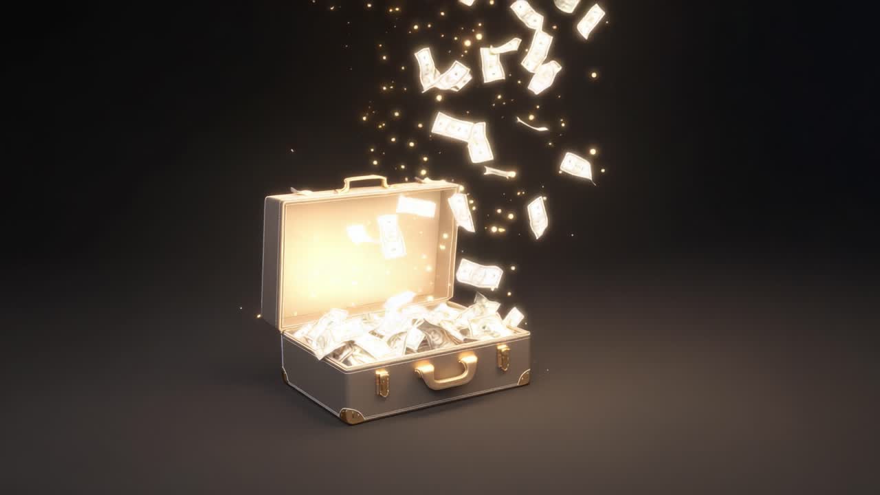 A glittering suitcase bursts open, releasing a shower of luminous cash and sparkling treasures into the air, creating an enchanting spectacle of wealth and fortune