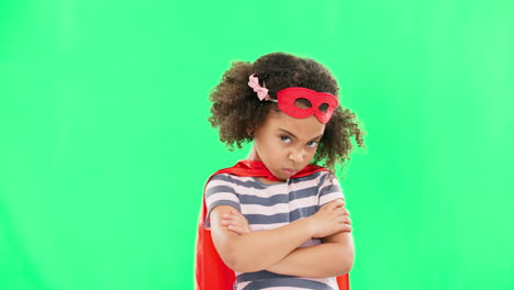 child, superhero and hand on green screen to stop