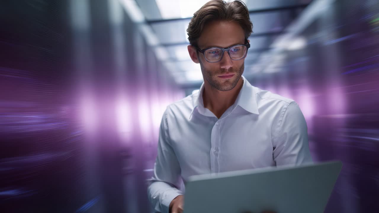Focused Professional Analyzing Data on a Laptop in a High-Tech Environment with Blurred Background Enhanced by Modern Lighting Effects