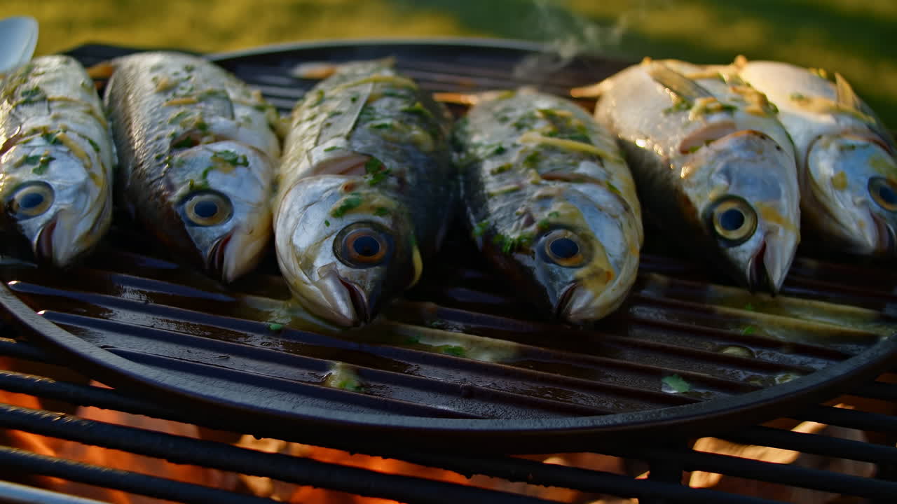 Pesce Intero che Griglia sul Barbecue su Fuoco Aperto