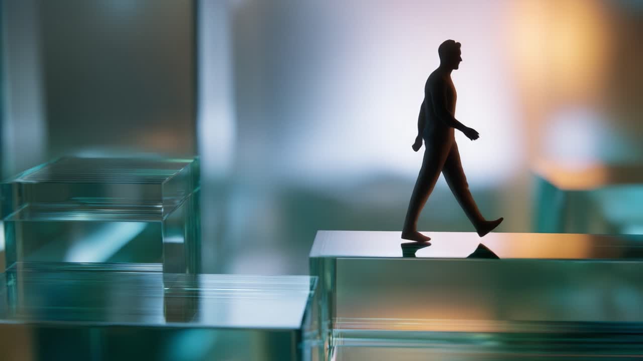 A solitary figure walking on transparent geometric blocks, symbolizing exploration and the journey through life amidst abstract surroundings of light and shape