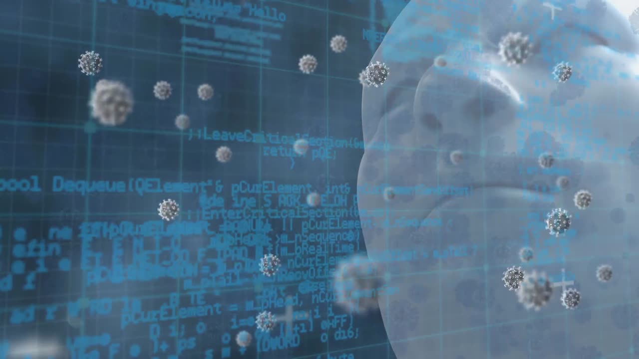 video compuesto digital de células de covid-19 que se mueven contra el procesamiento de datos sobre un modelo 3d de un ser humano