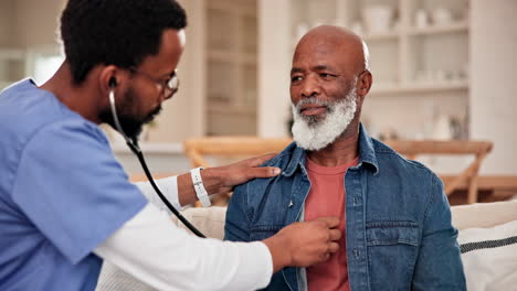 nurse, senior man and stethoscope for home