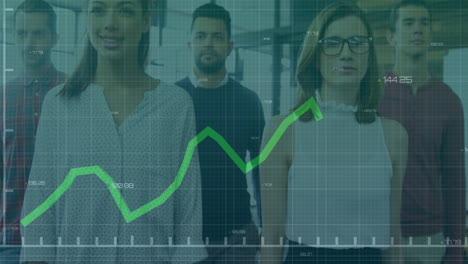 animación de gráfico con números cambiantes sobre diversos compañeros de trabajo caminando en la oficina