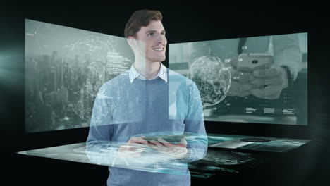animación del procesamiento de datos sobre un empresario caucásico sonriente que usa un teléfono inteligente