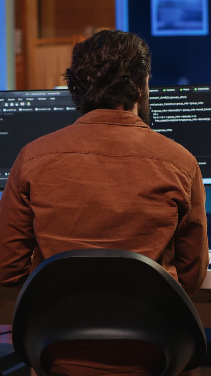 Male Programmer Working on Code at Night in Office