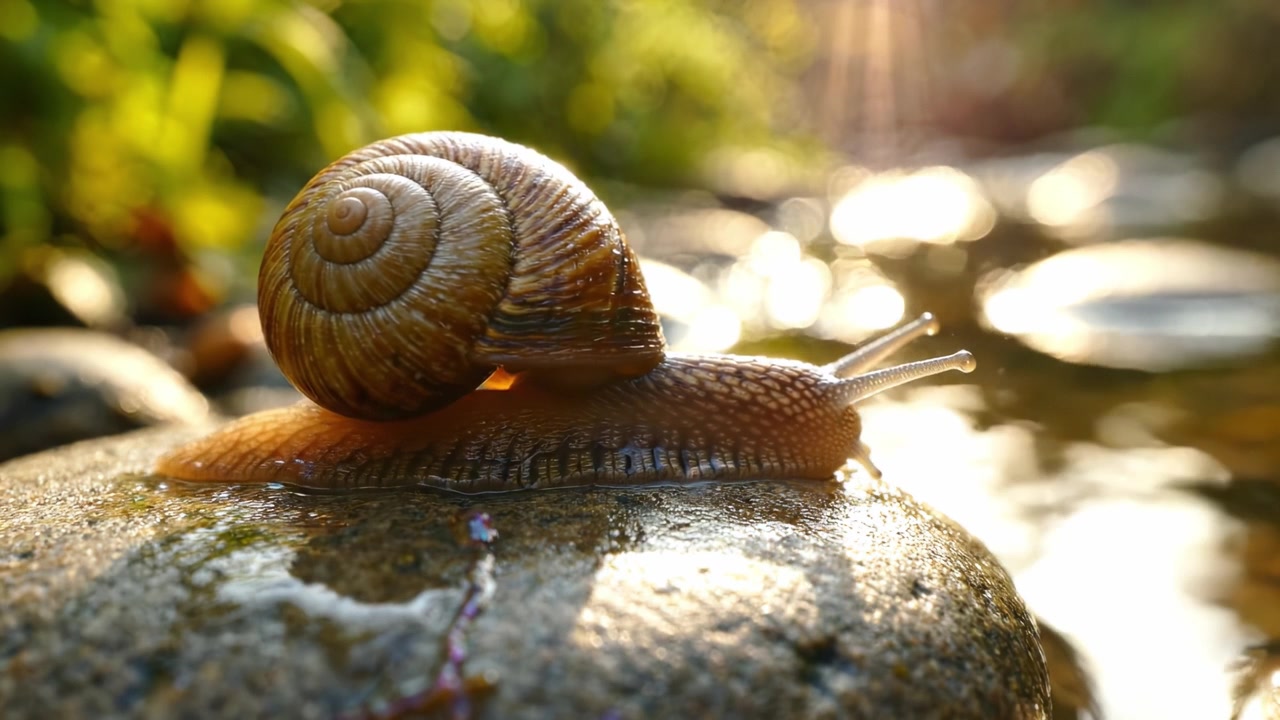A Close-Up View of a Snail Gracefully Moving Along a Rock by a Tranquil Stream, Illuminated by Soft Natural Light in a Serene Environment