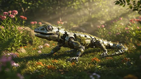 A Stunning Robotic Lizard Camouflaged in Nature&#039;s Splendor Amidst Vibrant Flora and Dappled Sunlight, Showcasing Advanced Engineering and Artistic Creativity