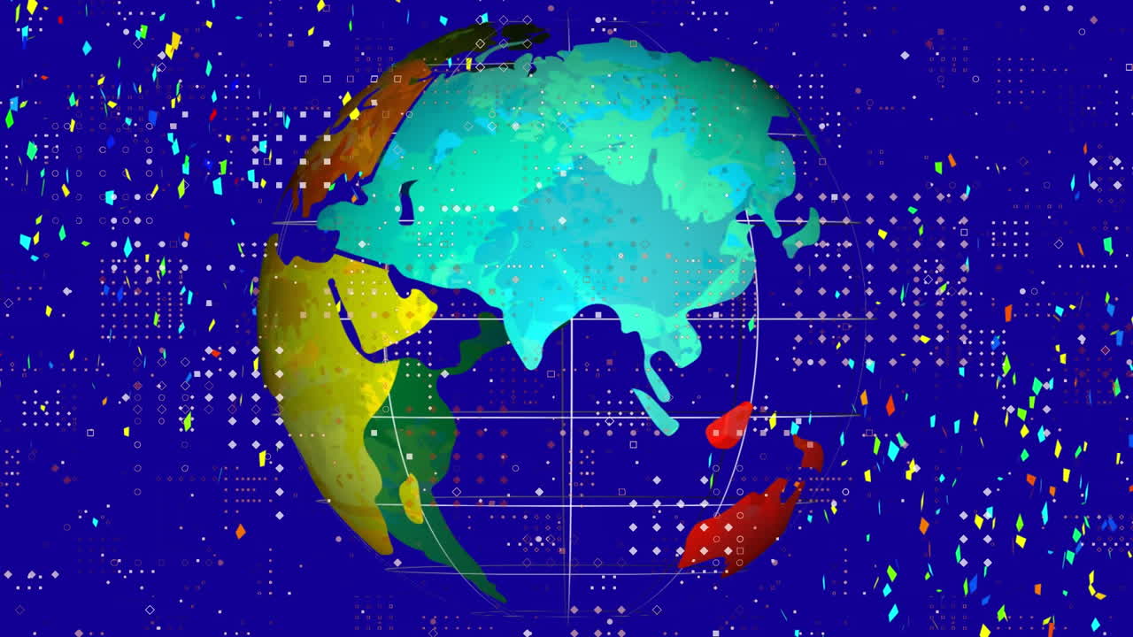 파란색 배경에 회전하는 지구에 비해 떨어지는 콘페티의 디지털 애니메이션