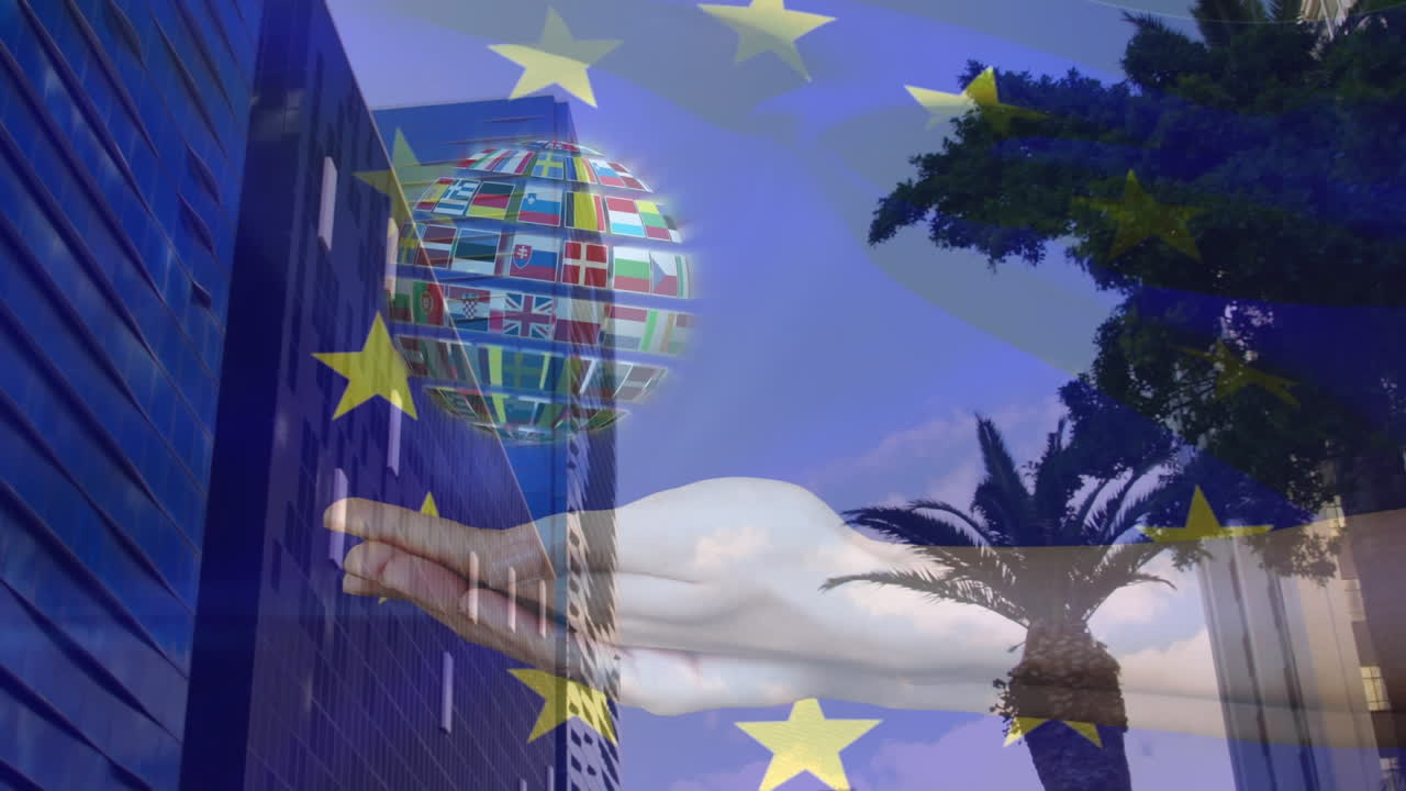 오피스 블록 위 에 있는 유럽 연합  ⁇ 발 의 애니메이션 과 세계  ⁇ 발 의 지구 를 들고 있는 손 들
