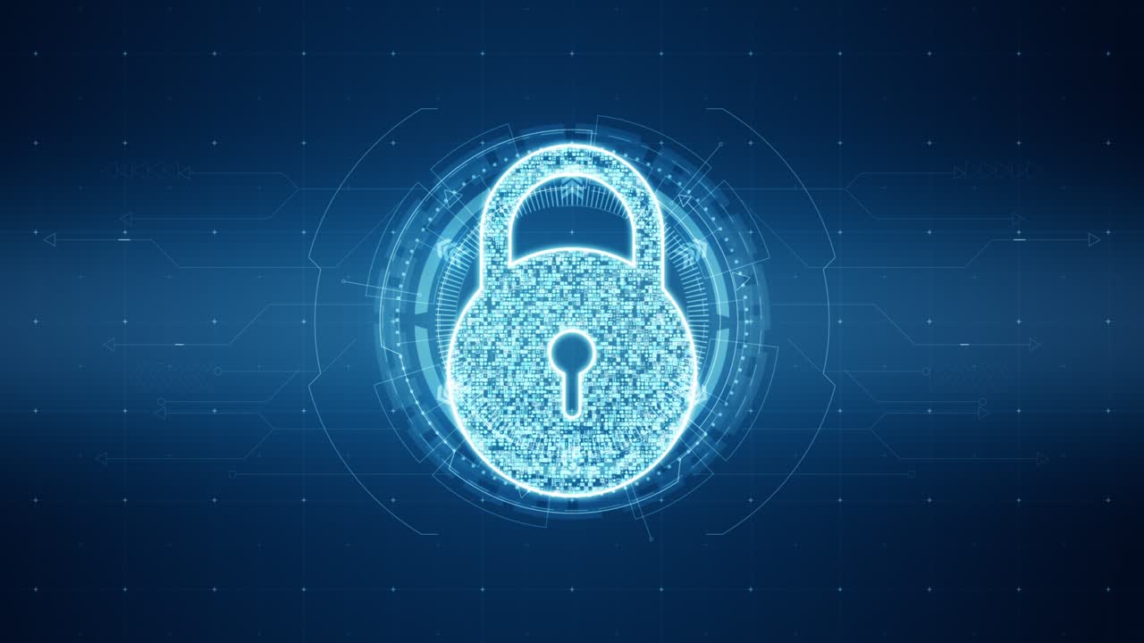 gráfico de movimiento de la llave de seguridad azul con círculo de rotación con pantalla de cabeza hacia arriba ( hud ui ) interfaz tecnológica y elementos futuristas fondo abstracto