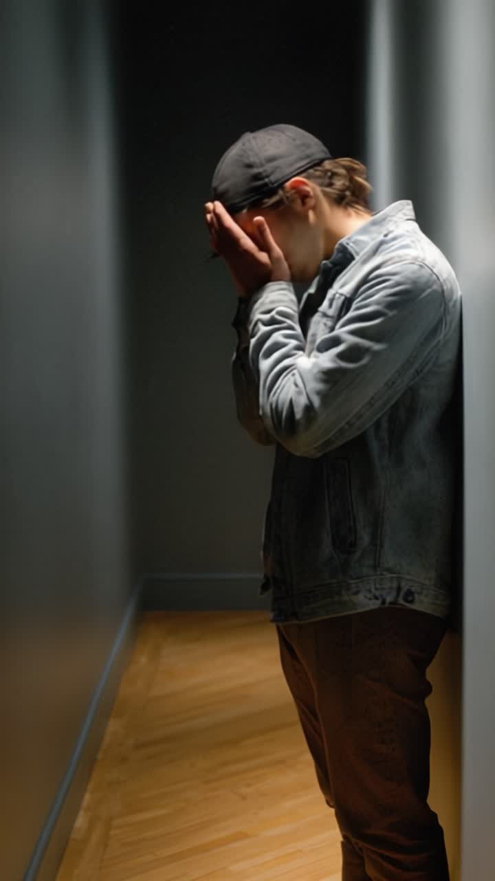 Un momento di riflessione: un giovane in un corridoio stretto, che cattura emozioni di contemplazione e auto-riflessione in un viaggio di scoperta personale.