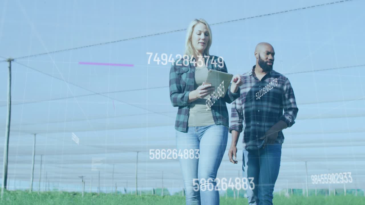 Stepping into net house agronomists monitoring crop health with tablet and sensor overlays