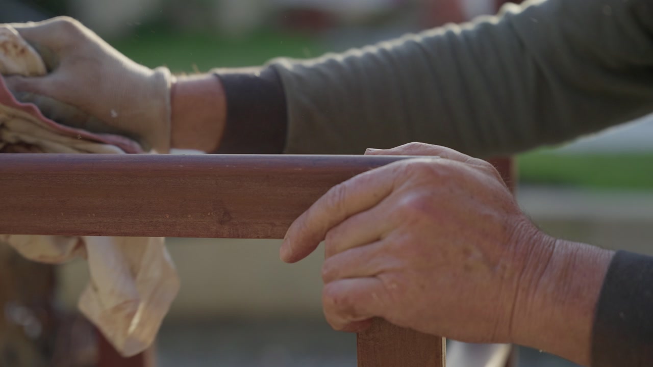 Close up of aged hands feeling or sanding surface of wooden chair frame outdoors