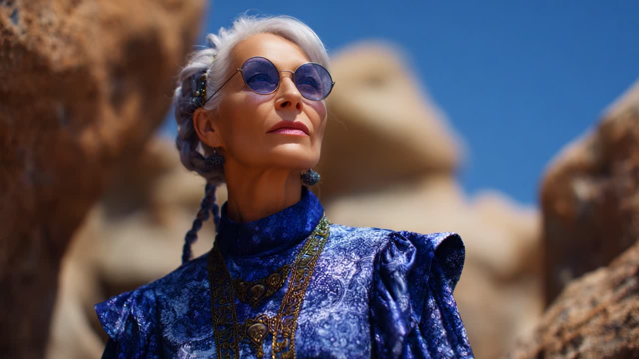 Una figura maestosa in blu: un'elegante donna adornata con occhiali da sole e abiti tradizionali, in piedi tra un terreno roccioso sotto un cielo limpido