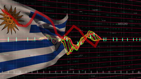 Animación-De-Procesamiento-De-Datos-Y-Gráficos-Sobre-Bandera-De-Uruguay-Sobre-Fondo-Negro