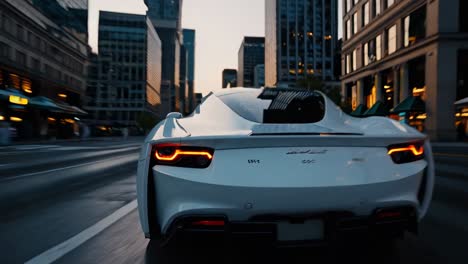 coche deportivo rápido conduciendo a través de una ciudad al atardecer o por la noche