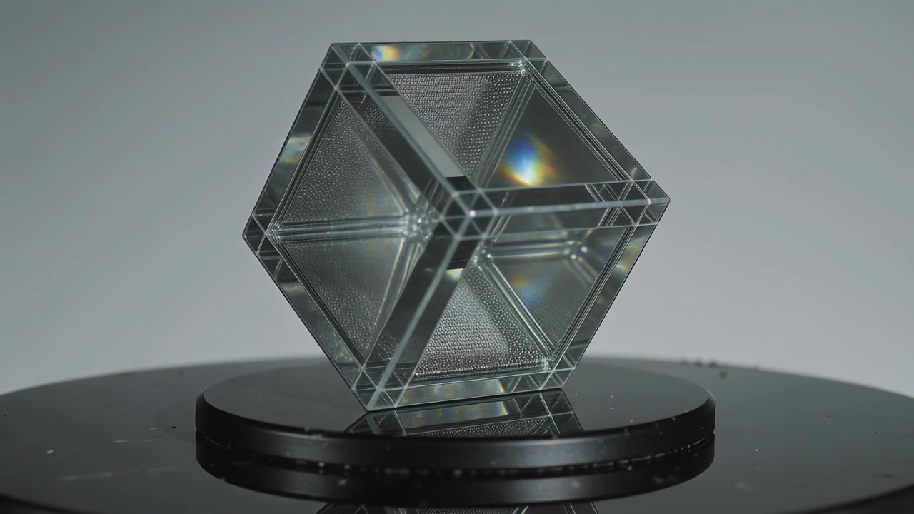 Rocking clear glass cube featuring mesh, tilt causing rotation on studio platform, refracting light