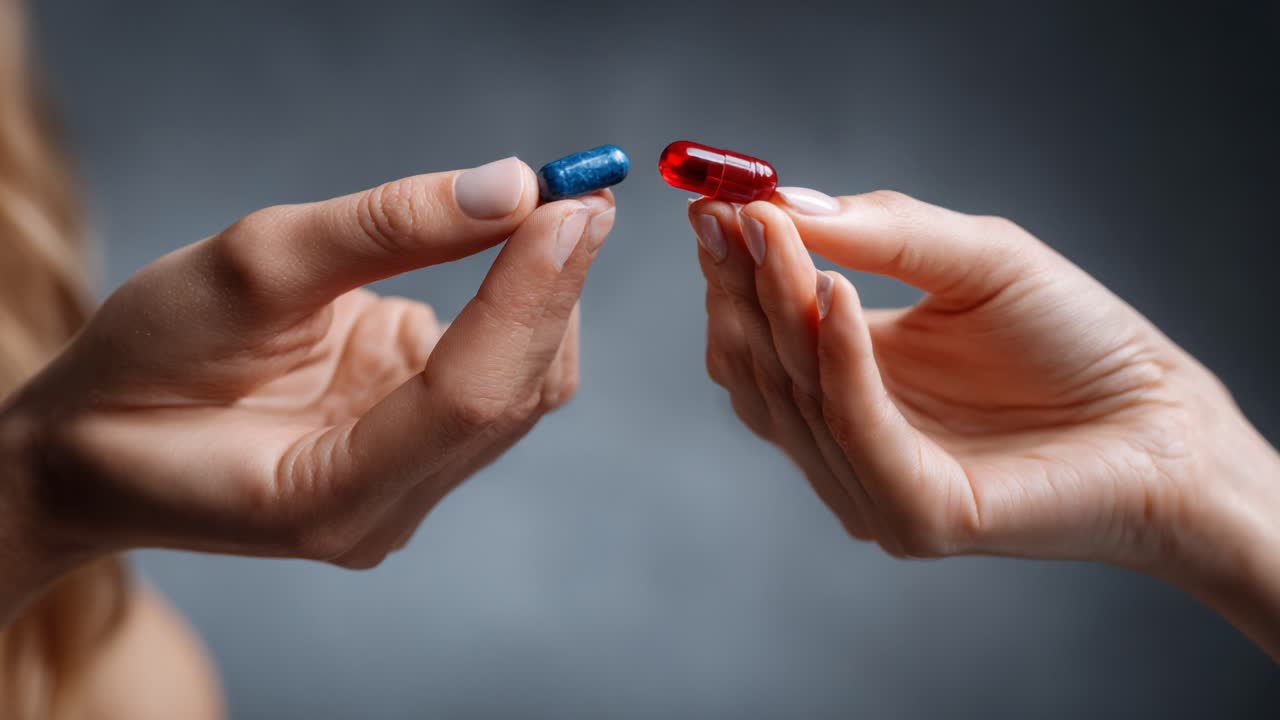A Thought-Provoking Dilemma Represented by Two Pill Choices, Capturing the Symbolism of Decision-Making and Consequences in a Visually Striking Manner