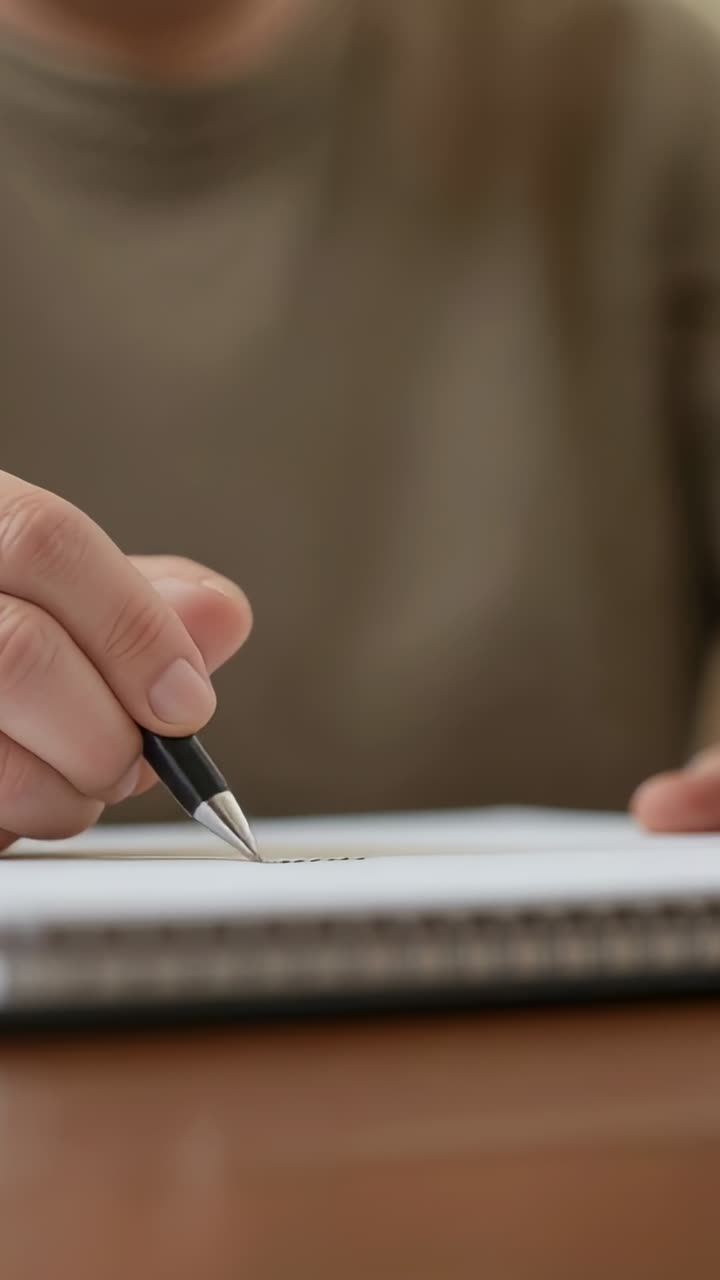 Video verticale: Mano che tiene una penna che tocca la pagina, mano destra che prende appunti su un quaderno alla scrivania con un top color oliva.