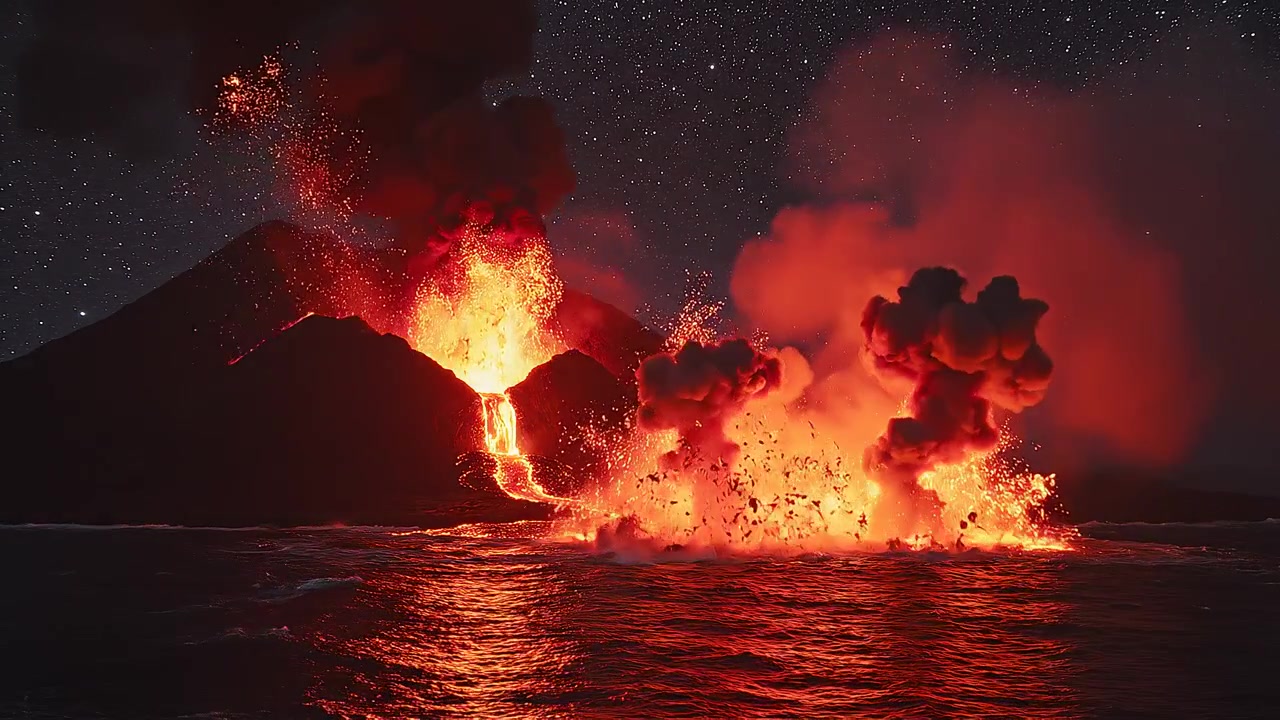 Éruption volcanique spectaculaire de nuit avec de la lave s'écoulant dans la mer