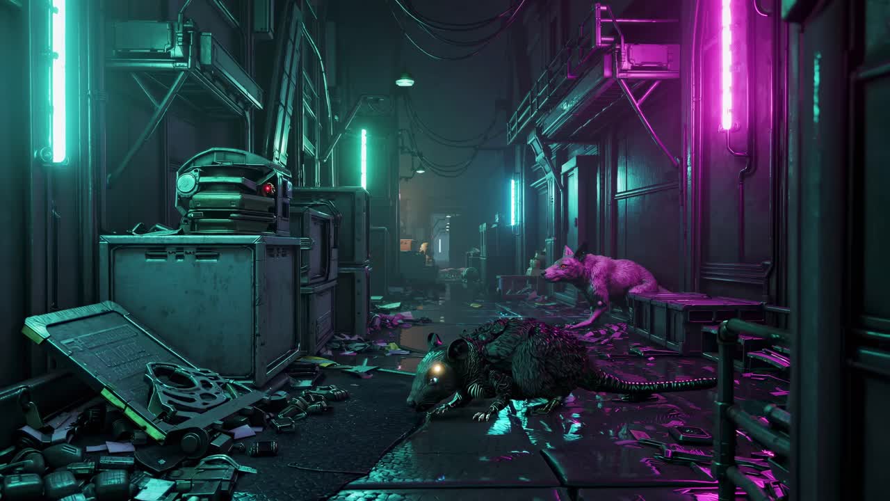 escena de callejón cyberpunk con animales