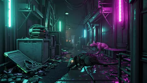 cyberpunk alleyway scene with animals