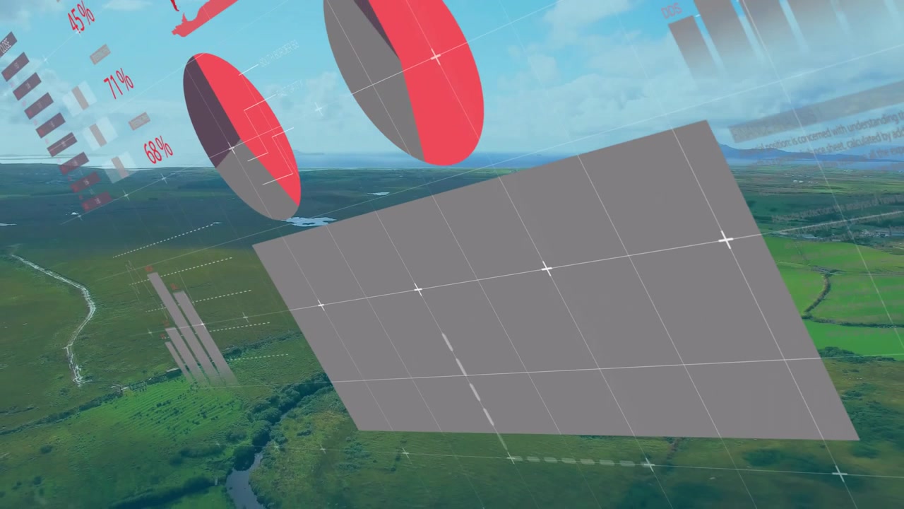 Infographic emerging over aerial farmland shot and animating bar and pie charts for tech analytics