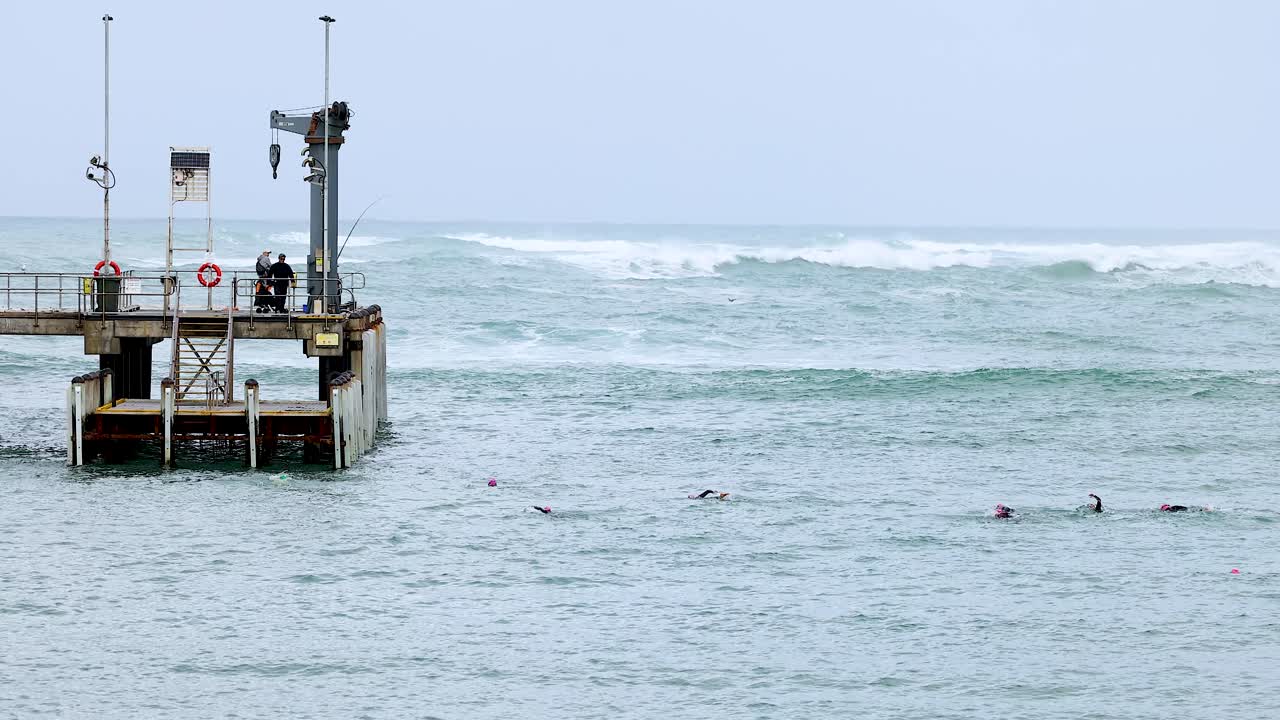 Swimmers in the ocean near a pier at Port Campbell, Australia. Overcast lighting with gentle waves and steady camera focus