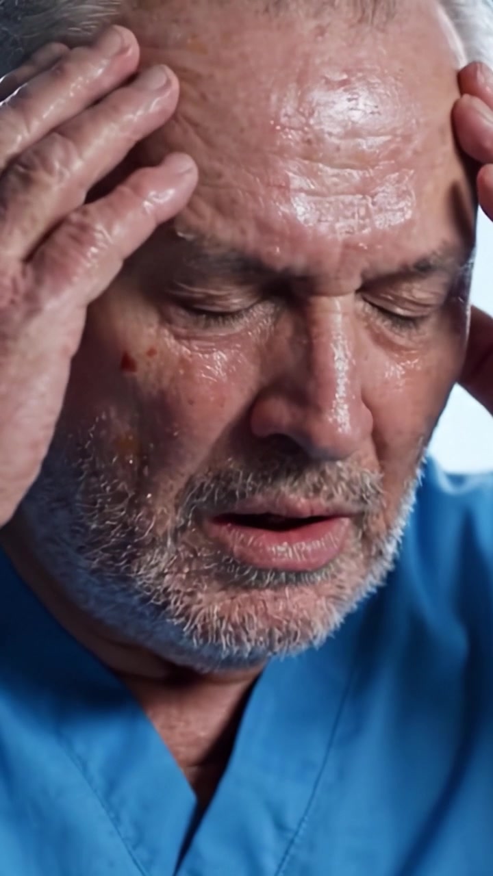 A Deep Moment of Reflection: An Older Man in Scrubs Displays Emotion and Vulnerability, Highlighting the Human Side of Care and Compassion in Healthcare Contexts