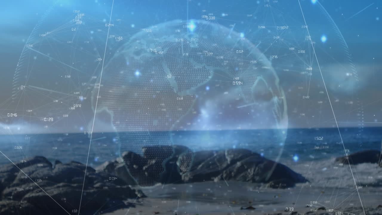Animation of connections and globe over caucasian woman playing volleyball on beach at sunset