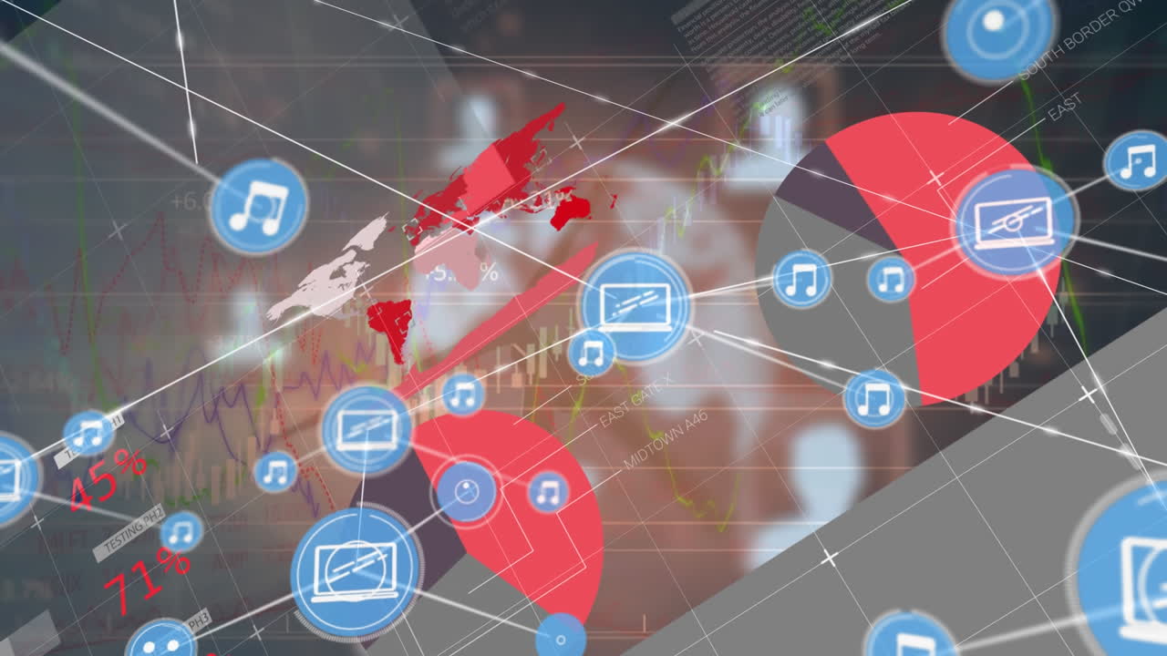 회색 배경에 대한 통계 데이터 처리에 대한 디지털 아이콘 네트워크의 애니메이션