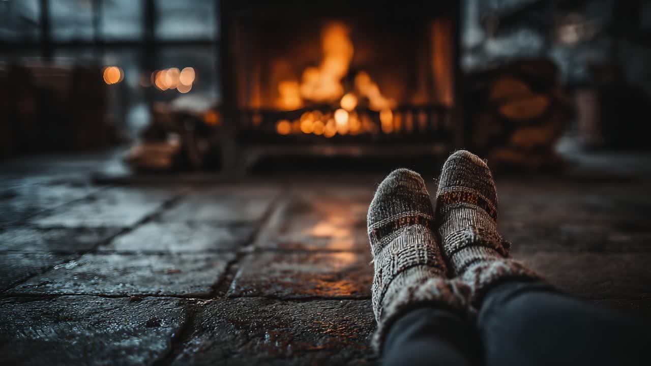 Cozy Winter Evening by the Fire: Relaxing with Warm Socks and a Flickering Flame as the Backdrop for Comfort and Warmth in a Rustic Setting