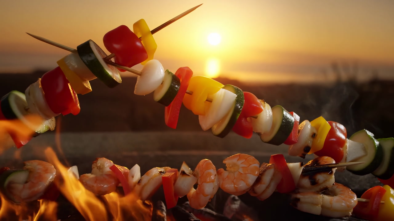 Sunset Beach Skewers Grilling Over Fire, Colorful Vegetable And Shrimp Kebabs Roasting Above Glowing Coals,