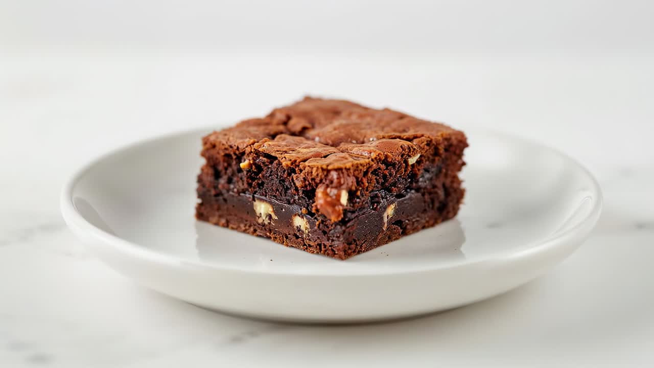 Videocamera che registra un brownie quadrato su un piatto bianco dopo una piccola messa a fuoco, mettendo in mostra le noci