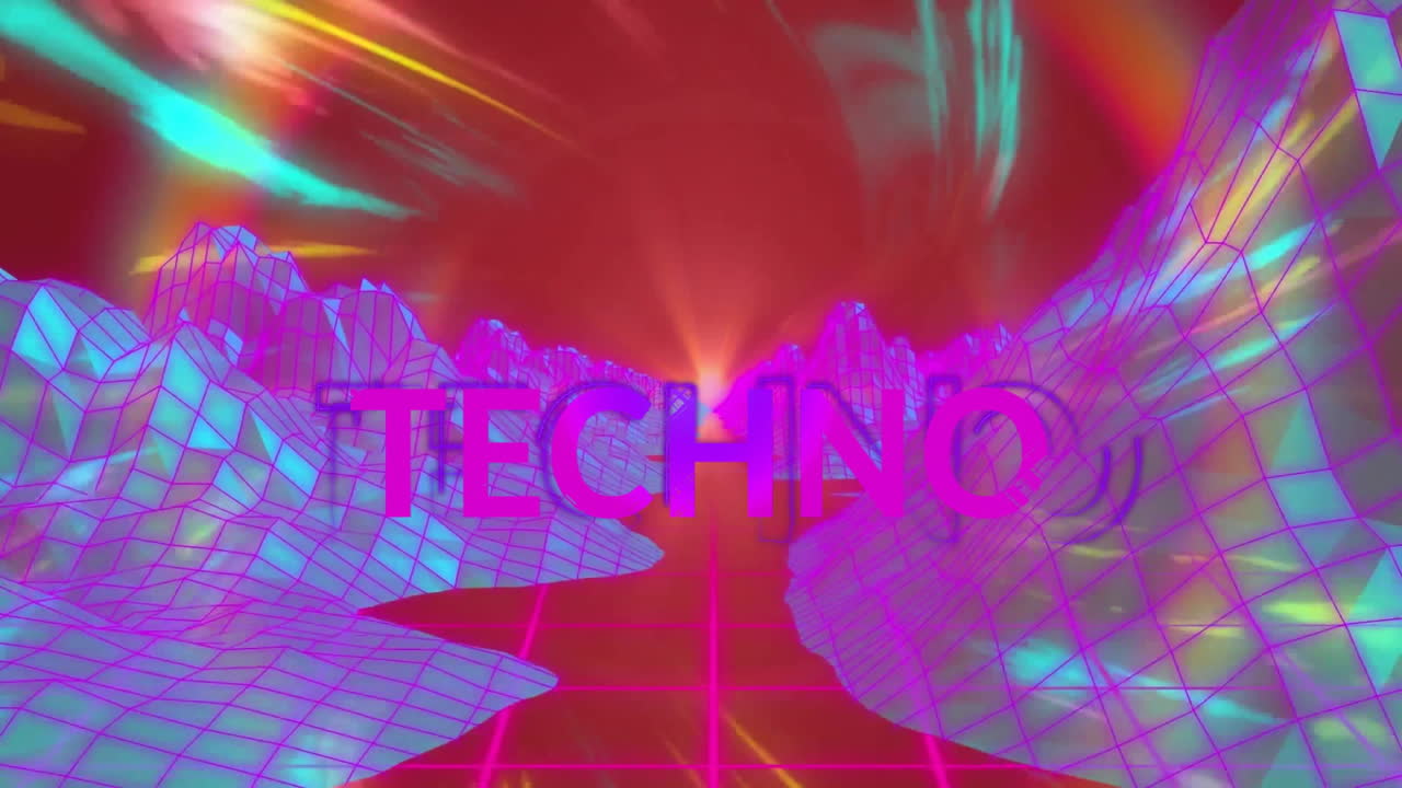 Animation of techno text and shapes over digital mountains