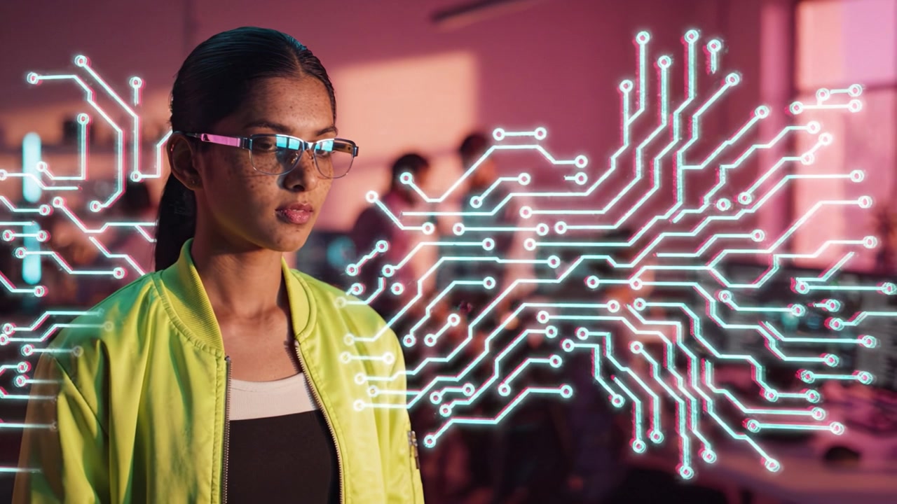 A focused individual wearing augmented reality glasses in a vibrant tech workspace, characterized by soft lighting, as advanced graphics emerge in the backdrop.