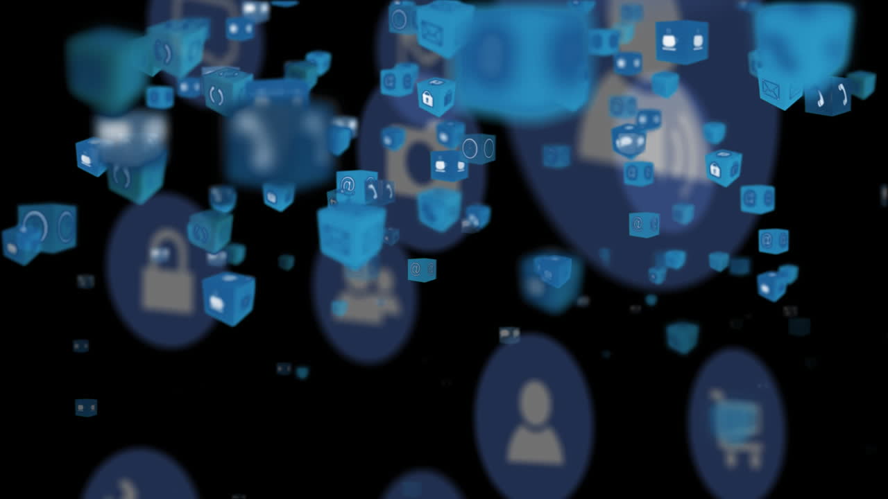 animación de iconos digitales que vuelan sobre un fondo negro