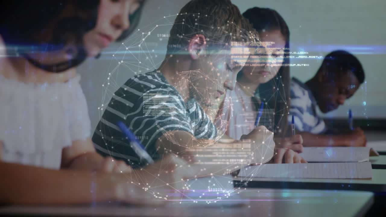 Striped boy taking test while camera revealing education globe mesh scrolling code overlaying desks