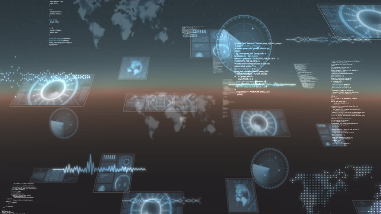 animación del procesamiento de datos y el escaneo de visores en la pantalla sobre el horizonte brillante
