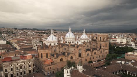 cathedral of the immaculate conception, aerial drone above cuenca, ecuador, city center, historical buildings, travel and tourism in latin america, colonial architecture